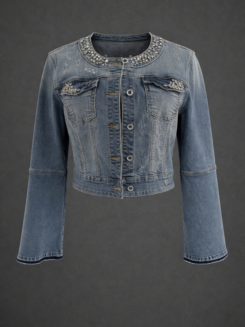 Women's Embellished Collar Cropped Distressed Denim Jacket - Blue